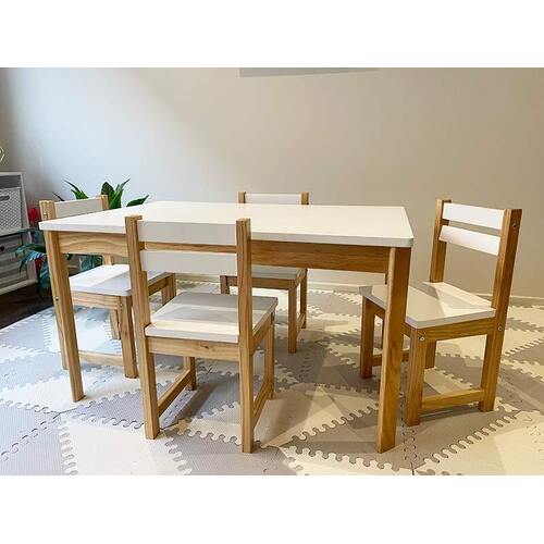 Kids Timber Table and 4 Chair Set in Colour White and Natural Boys Girls Indoor Outdoor