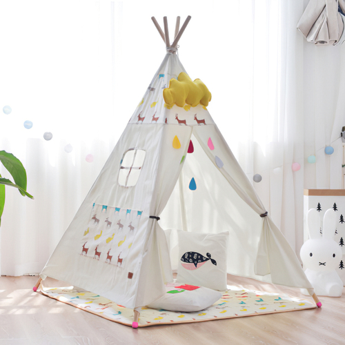 Large Canvas Cotton Teepee White w/ Forest Animals Print Indoor Outdoor Tipi Kids Play Tent Tee Pee