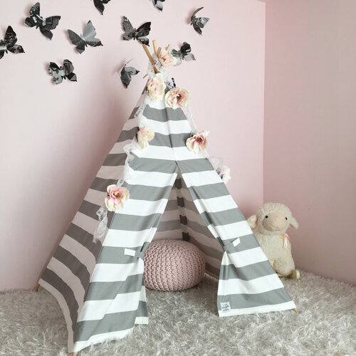 Large Canvas Cotton Grey and White Stripes Teepee Indoor Tipi Kids Play Tent Tee Pee