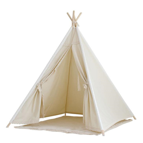 Combo Kids Large Canvas Teepee w/ Lace Trim , Floor Mat, Timber Posts Play Teepi
