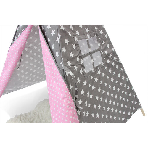 Kids Large Canvas Cotton Teepee in Grey & Pink With Stars Indoor Tipi Kids Play Tent 