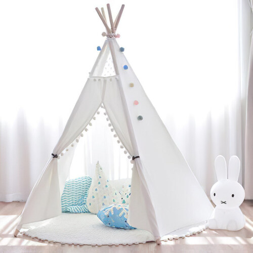 Kids Large Canvas Cotton Teepee in White POMPOM trim Indoor Outdoor Tipi Kids Play Tent Tipi