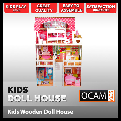 Kids Pink Wooden Dollhouse 3 levels with 18 piece furniture set Indoor Play New