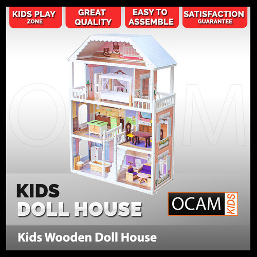 Ocam Kids White Georgia Style Mansion Wooden Doll House 4 levels with 14 piece furniture set Indoor Play