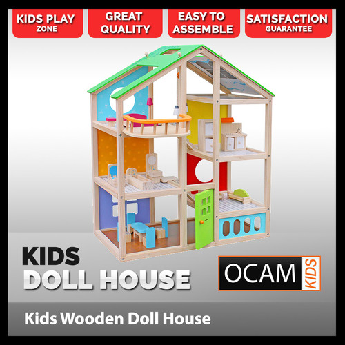 Ocam Kids Multi Coloured Wooden Dollhouse Unisex 3 levels with 15 piece furniture set