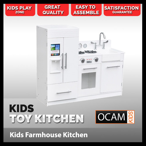 Kids Kitchen Modern Wooden Play Set in White and Silver 
