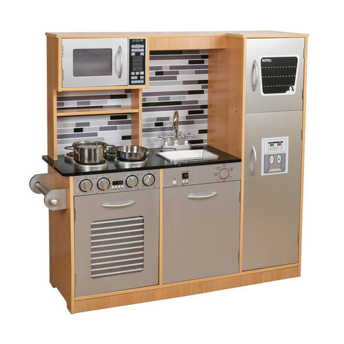 Kids Kitchen Modern Gourmet Uptown Stainless Steel Toy Play Set in Solid Wood