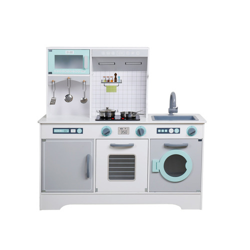 OCAM Kids Wooden Kitchen and Laundry PlaySet in Grey and White and Blue 