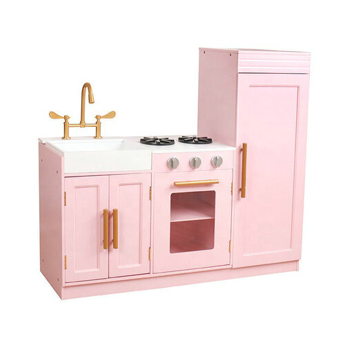 OCAM Kids Wooden Farmhouse Kitchen Play Set in Pink and Gold